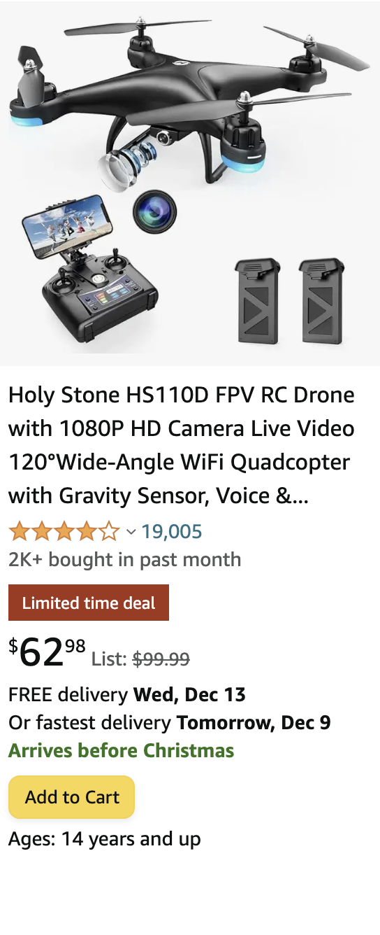 Holy Stone HS110D FPV RC Drone with 1080P HD Camera Live Video 120°Wide-Angle WiFi Quadcopter with Gravity Sensor, Voice