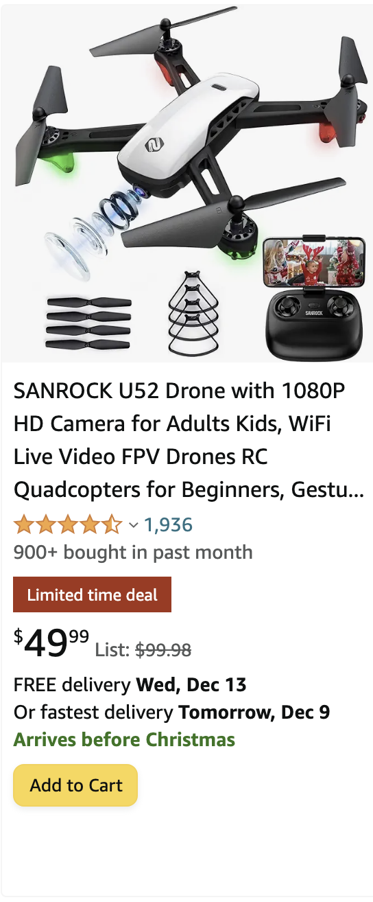 SANROCK U52 Drone with 1080P HD Camera for Adults Kids, WiFi Live Video FPV Drones RC Quadcopters for Beginners, Gesture Control, Gravity Sensor, Altitude Hold, 3D Flip, Custom Route, One Key Backward